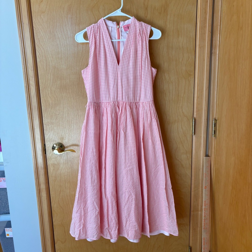 Kate Spade Gingham Dress Women 6 Pink Silk Blend V-Neck Fit Flare K7652